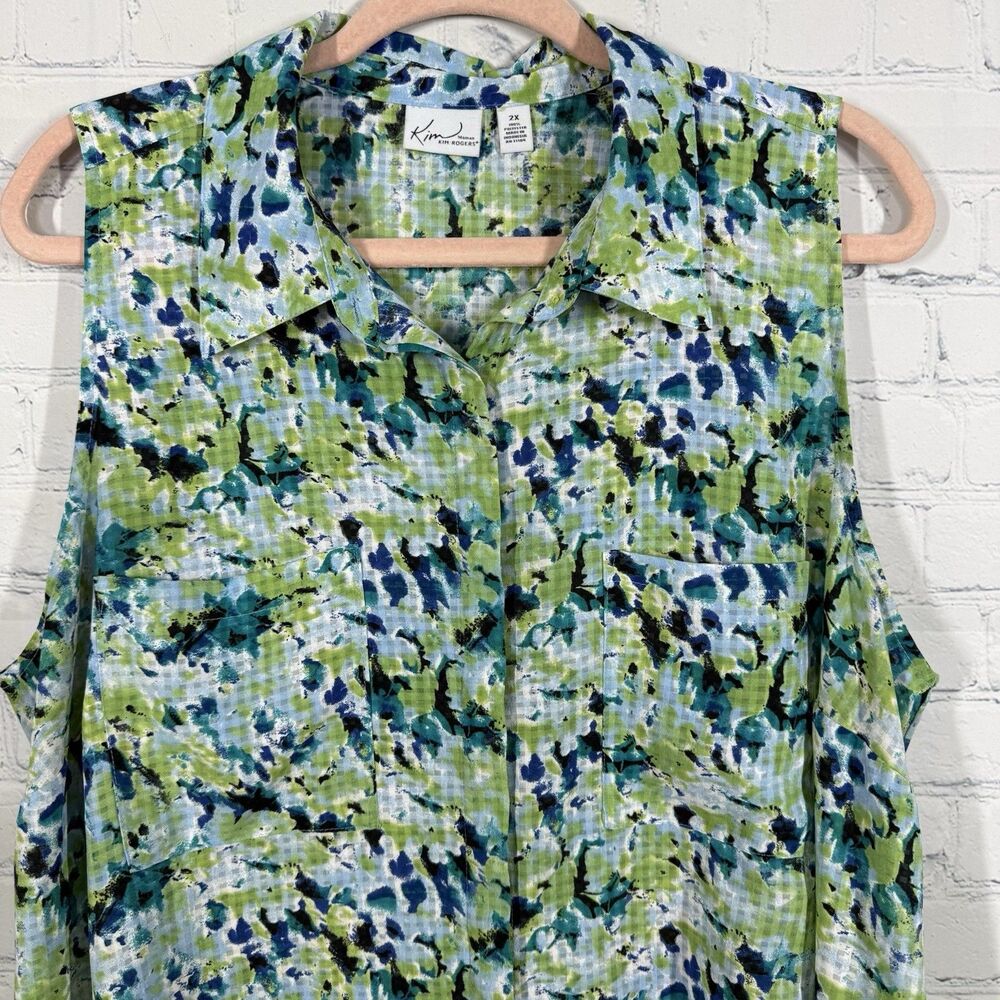Kim Rogers Women’s Size 2X Sleeveless Button Front Blouse Green Blue Abstract Pr - Picture 6 of 10